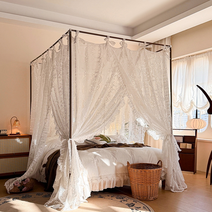 91家纺网 家纺一手货源 找家纺 都市缘蚊帐 2026新款浪漫落地蕾丝花边蚊帐905提花系带系列 苏格兰-奶油白