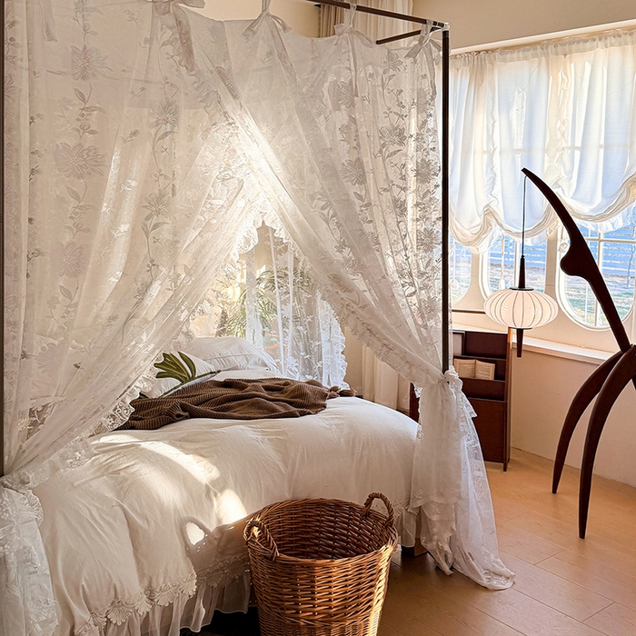 91家纺网 家纺一手货源 找家纺 都市缘蚊帐 2026新款浪漫落地蕾丝花边蚊帐905提花系带系列 春日里-奶油白