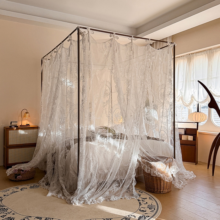 都市缘蚊帐 2026新款浪漫落地蕾丝花边蚊帐905提花系带系列 薇尔庄园-奶油白