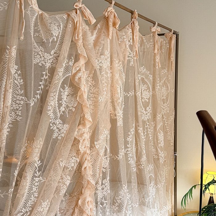 91家纺网 家纺一手货源 找家纺 都市缘蚊帐 2026新款浪漫落地蕾丝花边蚊帐905提花系带系列 薇尔庄园-奶油香槟