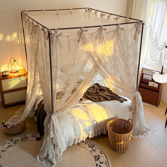 91家纺网 家纺一手货源 找家纺 都市缘蚊帐 2026新款浪漫落地蕾丝花边蚊帐905提花系带系列 薇尔庄园-奶油杏