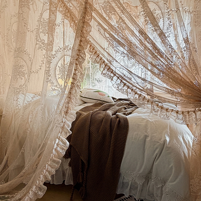 91家纺网 家纺一手货源 找家纺 都市缘蚊帐 2026新款浪漫落地蕾丝花边蚊帐905提花系带系列 薇尔庄园-奶油香槟