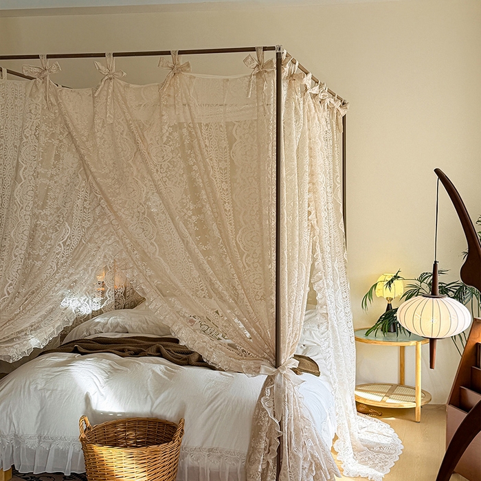 91家纺网 家纺一手货源 找家纺 都市缘蚊帐 2026新款浪漫落地蕾丝花边蚊帐905提花系带系列 苏格兰-奶油杏