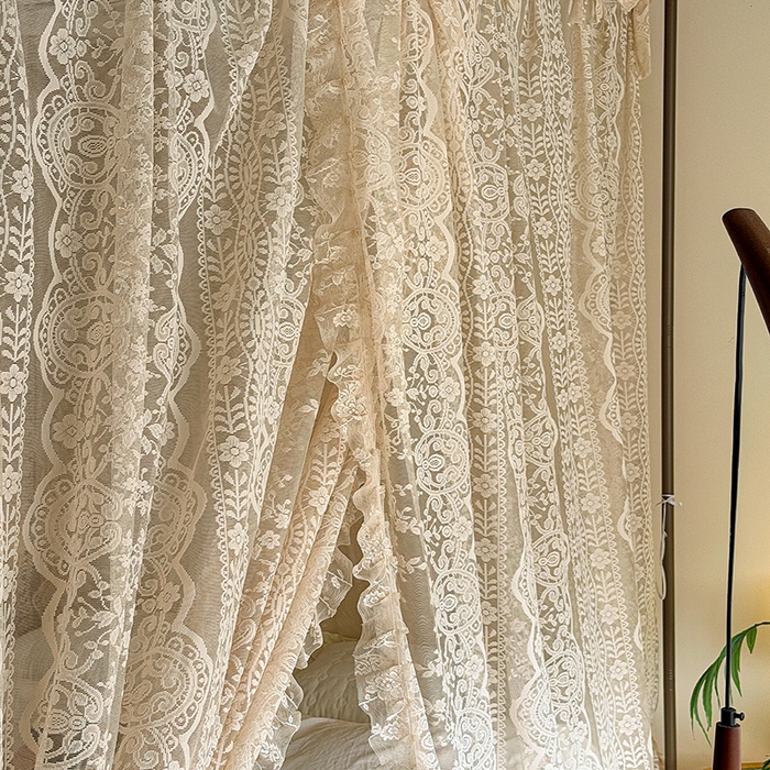 91家纺网 家纺一手货源 找家纺 都市缘蚊帐 2026新款浪漫落地蕾丝花边蚊帐905提花系带系列 苏格兰-奶油杏