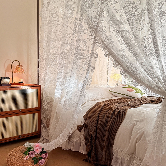 91家纺网 家纺一手货源 找家纺 都市缘蚊帐 2026新款浪漫落地蕾丝花边蚊帐905提花系带系列 挪威森林-奶油白