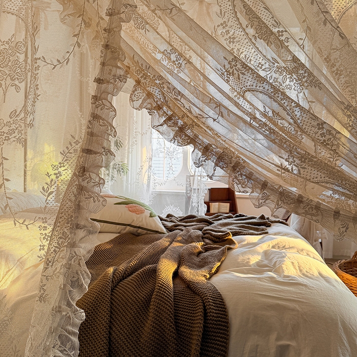 91家纺网 家纺一手货源 找家纺 都市缘蚊帐 2026新款浪漫落地蕾丝花边蚊帐905提花系带系列 薇尔庄园-奶油杏