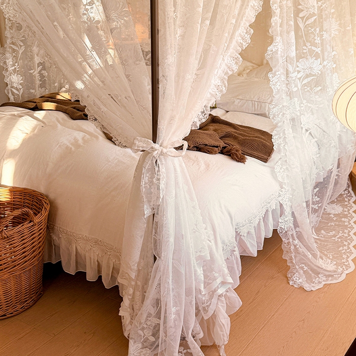 91家纺网 家纺一手货源 找家纺 都市缘蚊帐 2026新款浪漫落地蕾丝花边蚊帐905提花系带系列 春日里-奶油白