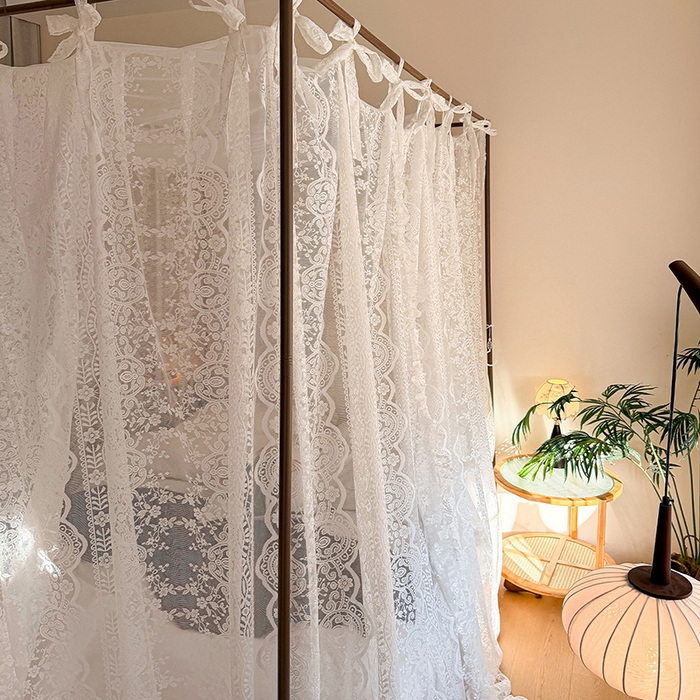 91家纺网 家纺一手货源 找家纺 都市缘蚊帐 2026新款浪漫落地蕾丝花边蚊帐905提花系带系列 苏格兰-奶油白