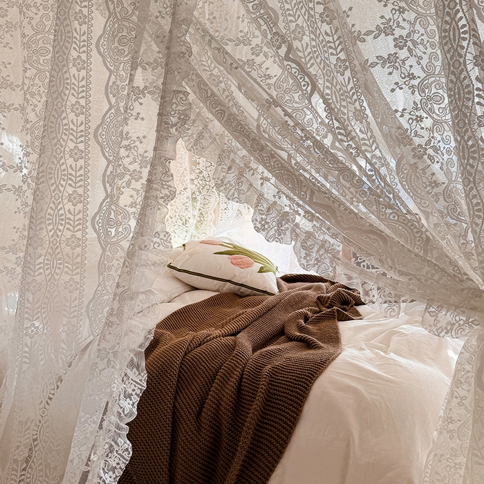 91家纺网 家纺一手货源 找家纺 都市缘蚊帐 2026新款浪漫落地蕾丝花边蚊帐905提花系带系列 苏格兰-奶油白
