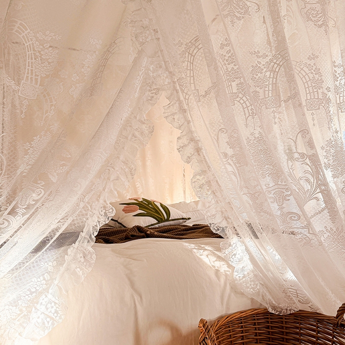 91家纺网 家纺一手货源 找家纺 都市缘蚊帐 2026新款浪漫落地蕾丝花边蚊帐905提花系带系列 芬德拉-奶油白
