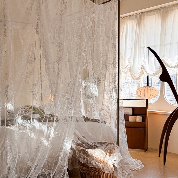 91家纺网 家纺一手货源 找家纺 都市缘蚊帐 2026新款浪漫落地蕾丝花边蚊帐905提花系带系列 薇尔庄园-奶油白