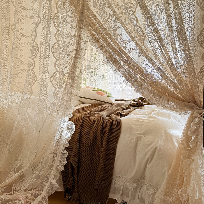 91家纺网 家纺一手货源 找家纺 都市缘蚊帐 2026新款浪漫落地蕾丝花边蚊帐905提花系带系列 苏格兰-奶油杏