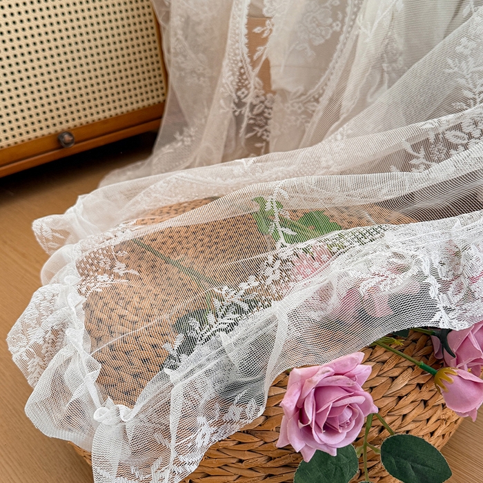 91家纺网 家纺一手货源 找家纺 都市缘蚊帐 2026新款浪漫落地蕾丝花边蚊帐905提花系带系列 薇尔庄园-奶油白