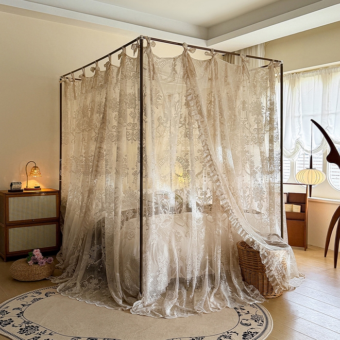 都市缘蚊帐 2026新款浪漫落地蕾丝花边蚊帐905提花系带系列 芬德拉-奶油杏