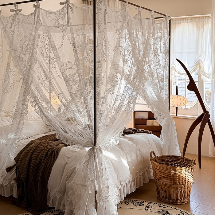 91家纺网 家纺一手货源 找家纺 都市缘蚊帐 2026新款浪漫落地蕾丝花边蚊帐905提花系带系列 薇尔庄园-奶油白