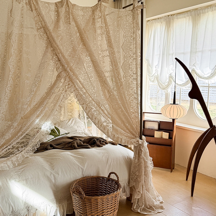 91家纺网 家纺一手货源 找家纺 都市缘蚊帐 2026新款浪漫落地蕾丝花边蚊帐905提花系带系列 苏格兰-奶油杏
