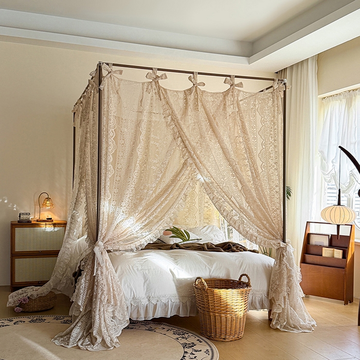 91家纺网 家纺一手货源 找家纺 都市缘蚊帐 2026新款浪漫落地蕾丝花边蚊帐905提花系带系列 苏格兰-奶油杏