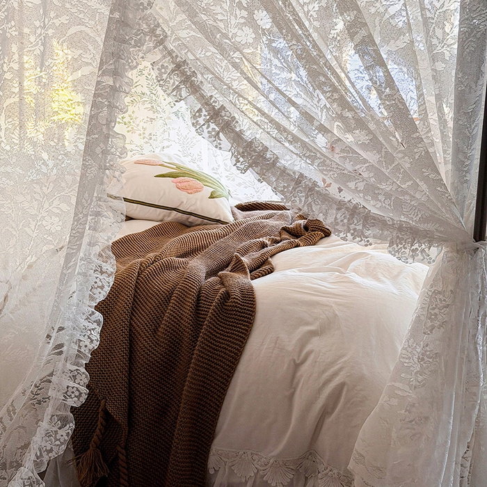 91家纺网 家纺一手货源 找家纺 都市缘蚊帐 2026新款浪漫落地蕾丝花边蚊帐905提花系带系列 盛夏-奶油白