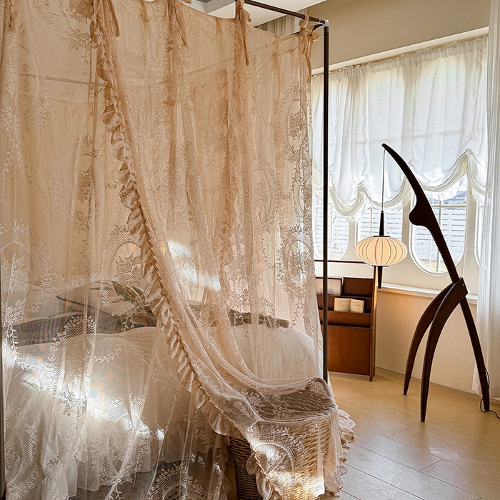 91家纺网 家纺一手货源 找家纺 都市缘蚊帐 2026新款浪漫落地蕾丝花边蚊帐905提花系带系列 薇尔庄园-奶油香槟