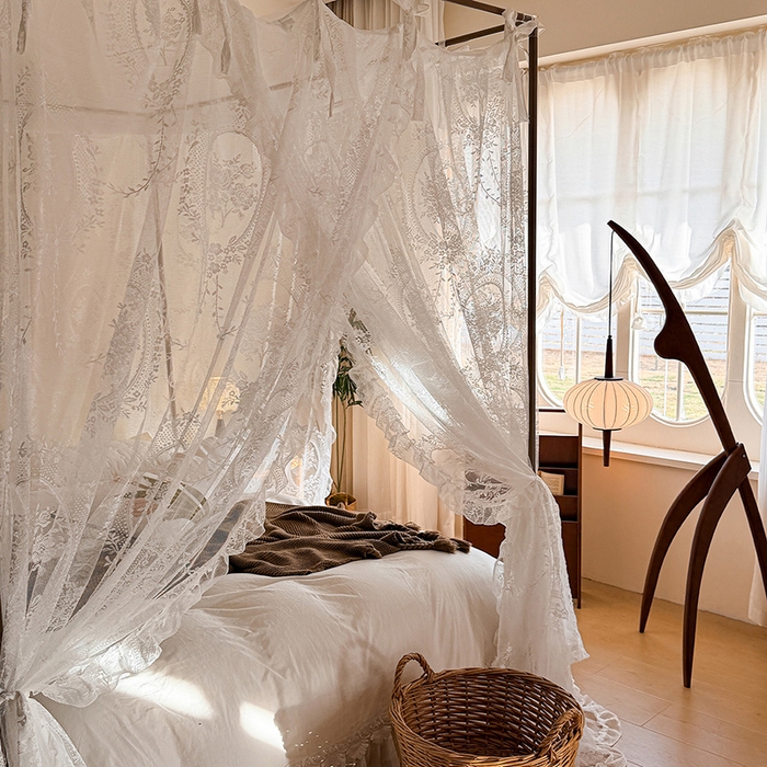91家纺网 家纺一手货源 找家纺 都市缘蚊帐 2026新款浪漫落地蕾丝花边蚊帐905提花系带系列 薇尔庄园-奶油白