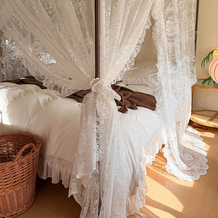 91家纺网 家纺一手货源 找家纺 都市缘蚊帐 2026新款浪漫落地蕾丝花边蚊帐905提花系带系列 挪威森林-奶油白
