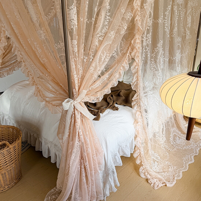 91家纺网 家纺一手货源 找家纺 都市缘蚊帐 2026新款浪漫落地蕾丝花边蚊帐905提花系带系列 薇尔庄园-奶油香槟