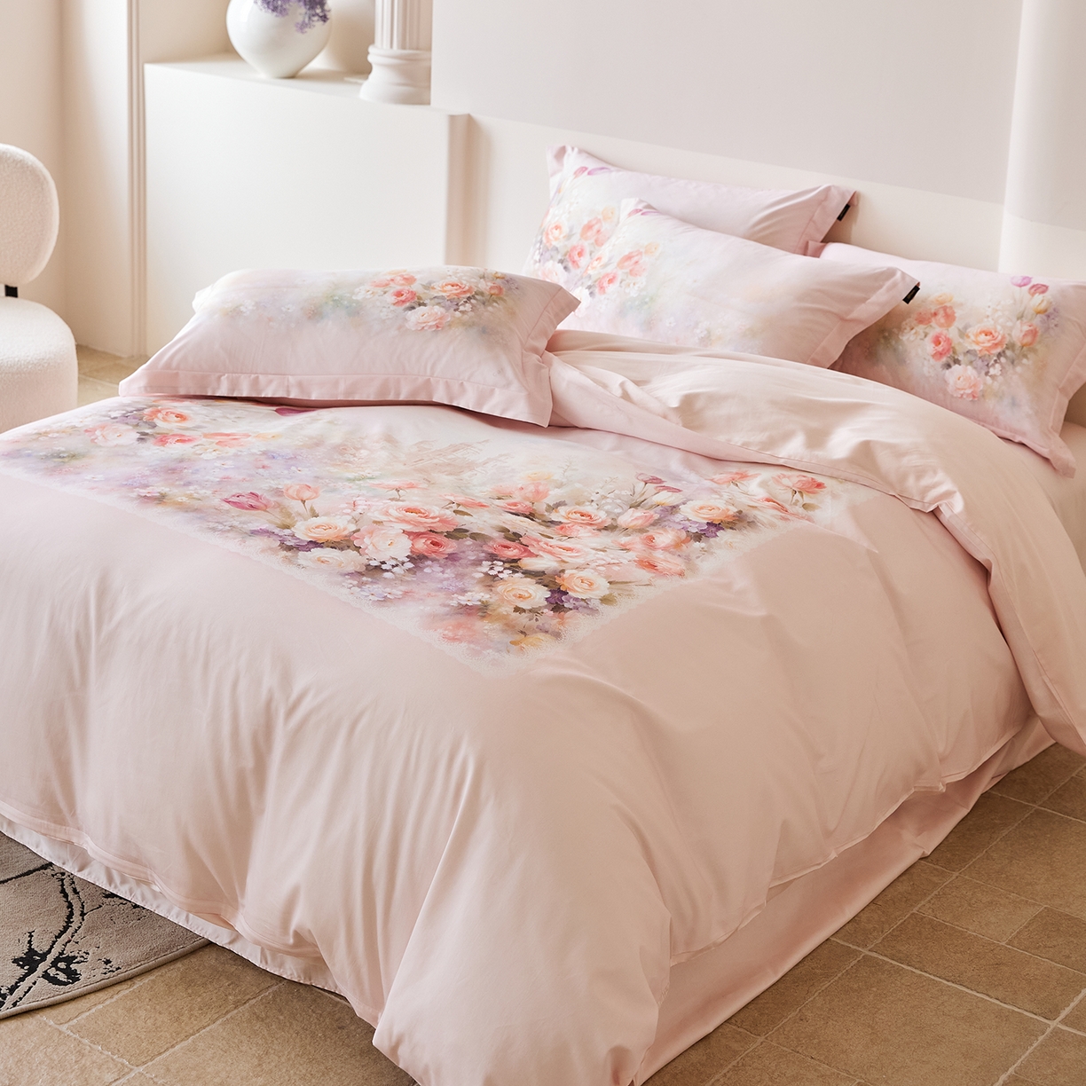 91家纺网 家纺一手货源 找家纺 梧桐树 2026新款60长绒棉平网大版系列四件套 PO3花雅粉