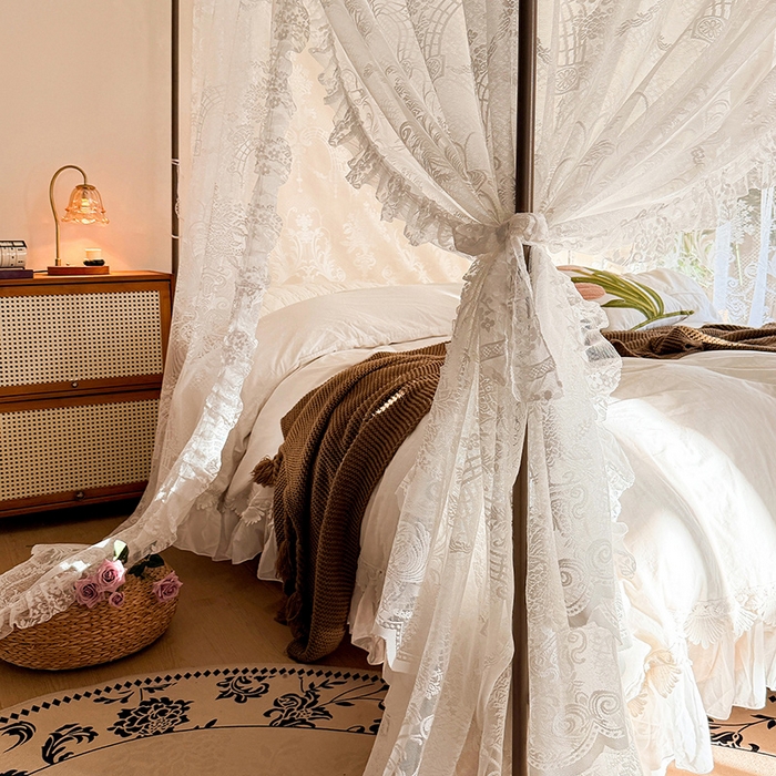 91家纺网 家纺一手货源 找家纺 都市缘蚊帐 2026新款浪漫落地蕾丝花边蚊帐905提花系带系列 芬德拉-奶油白