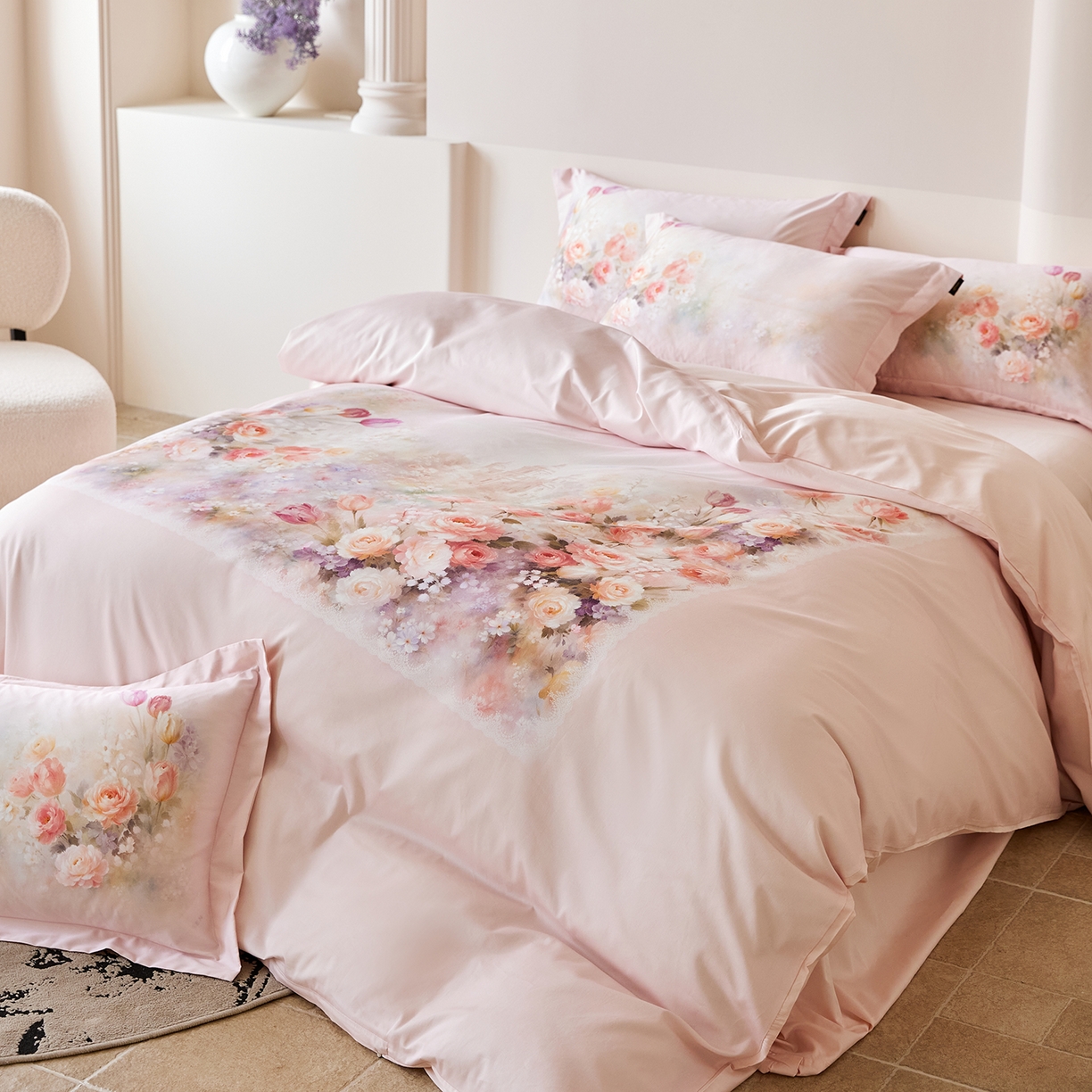 91家纺网 家纺一手货源 找家纺 梧桐树 2026新款60长绒棉平网大版系列四件套 PO3花雅粉