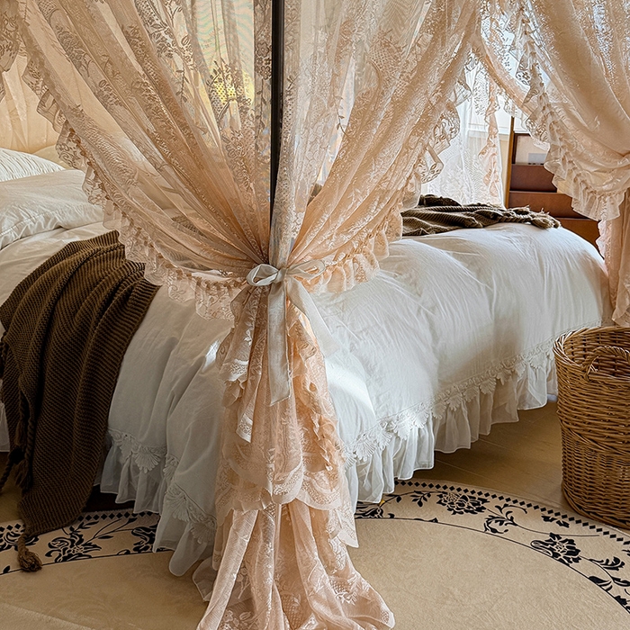 91家纺网 家纺一手货源 找家纺 都市缘蚊帐 2026新款浪漫落地蕾丝花边蚊帐905提花系带系列 薇尔庄园-奶油香槟