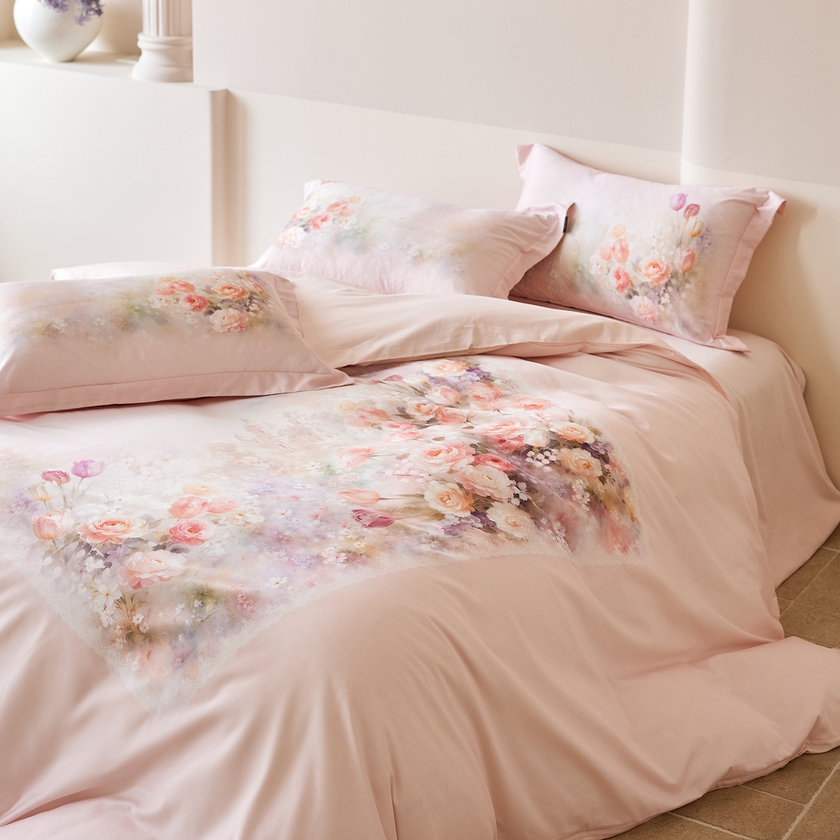 91家纺网 家纺一手货源 找家纺 梧桐树 2026新款60长绒棉平网大版系列四件套 PO3花雅粉