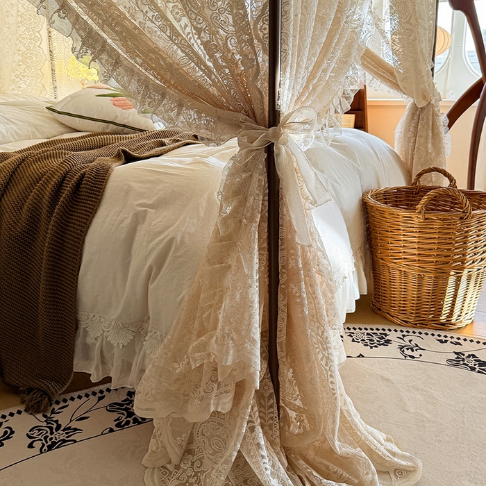 91家纺网 家纺一手货源 找家纺 都市缘蚊帐 2026新款浪漫落地蕾丝花边蚊帐905提花系带系列 苏格兰-奶油杏