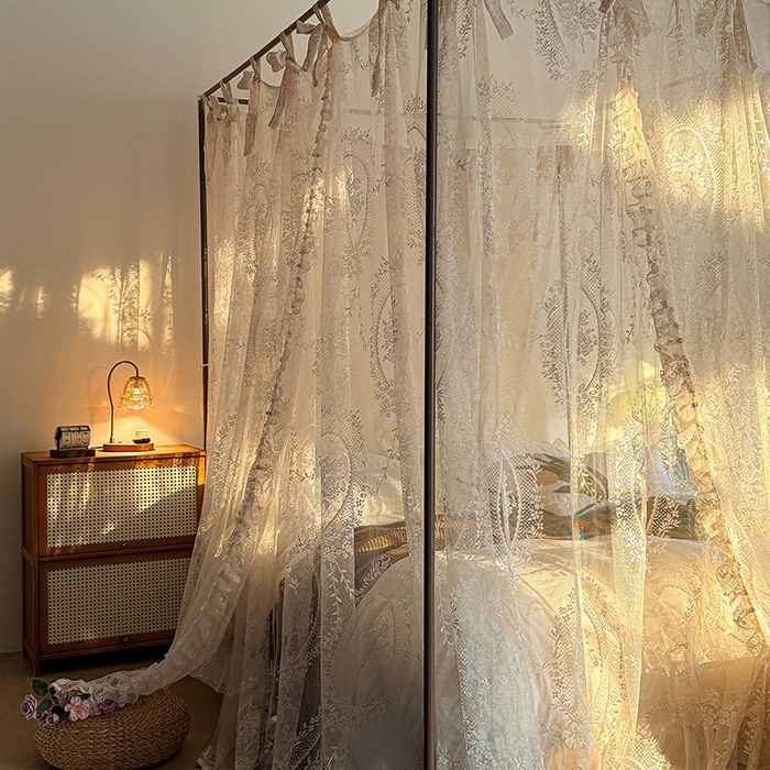 91家纺网 家纺一手货源 找家纺 都市缘蚊帐 2026新款浪漫落地蕾丝花边蚊帐905提花系带系列 薇尔庄园-奶油杏