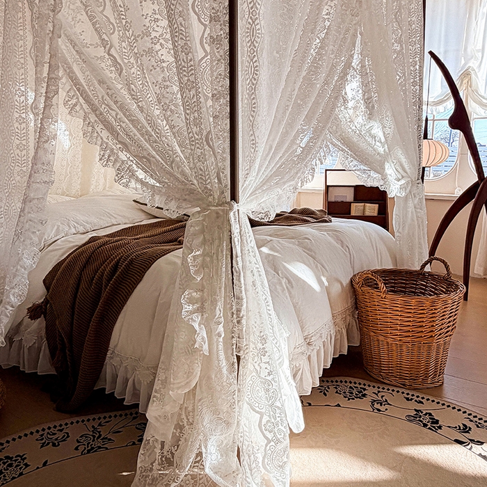91家纺网 家纺一手货源 找家纺 都市缘蚊帐 2026新款浪漫落地蕾丝花边蚊帐905提花系带系列 苏格兰-奶油白