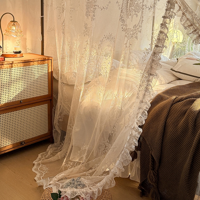 91家纺网 家纺一手货源 找家纺 都市缘蚊帐 2026新款浪漫落地蕾丝花边蚊帐905提花系带系列 薇尔庄园-奶油杏