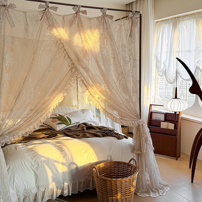 91家纺网 家纺一手货源 找家纺 都市缘蚊帐 2026新款浪漫落地蕾丝花边蚊帐905提花系带系列 薇尔庄园-奶油杏