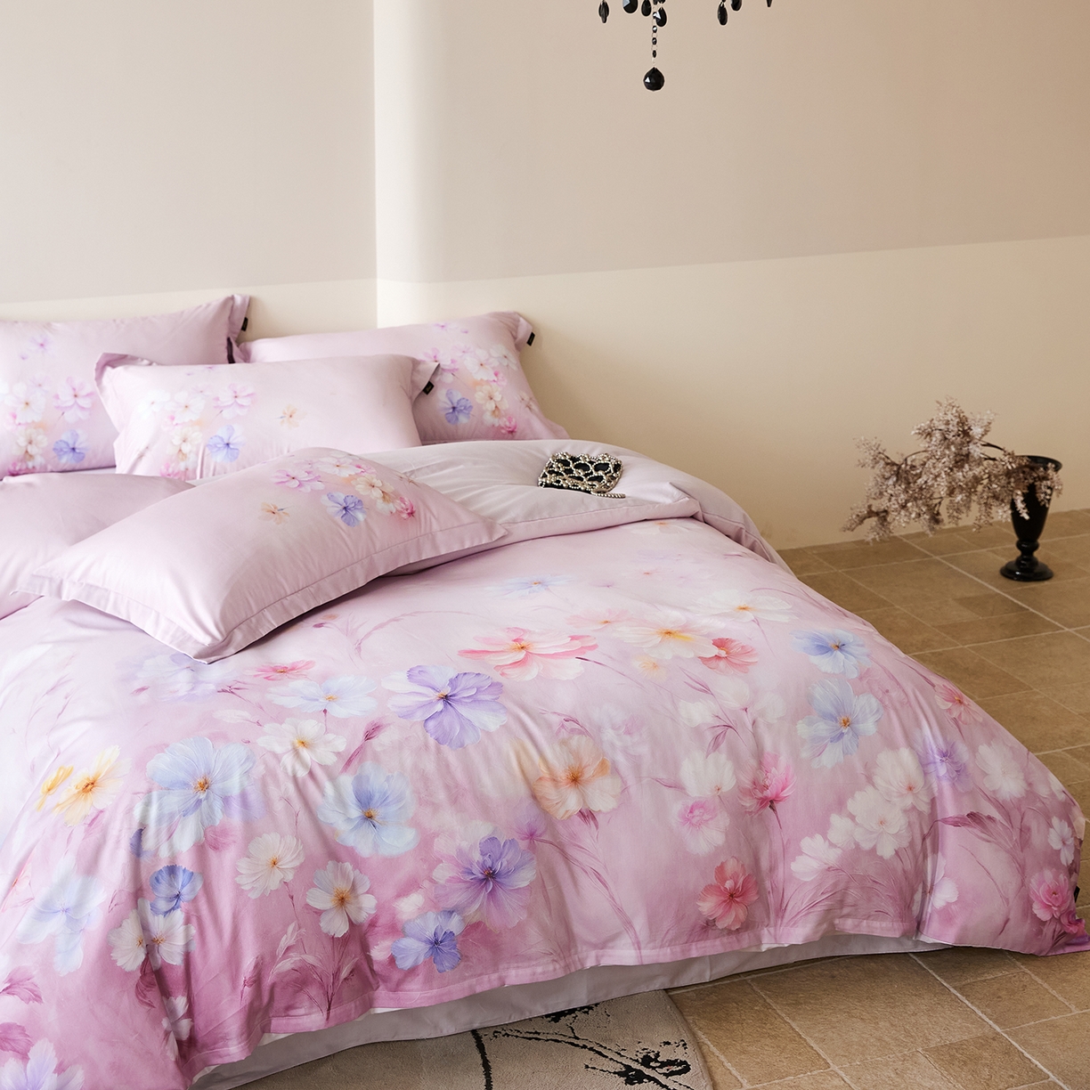 91家纺网 家纺一手货源 找家纺 梧桐树 2026新款60长绒棉平网大版系列四件套 PO5若溪粉