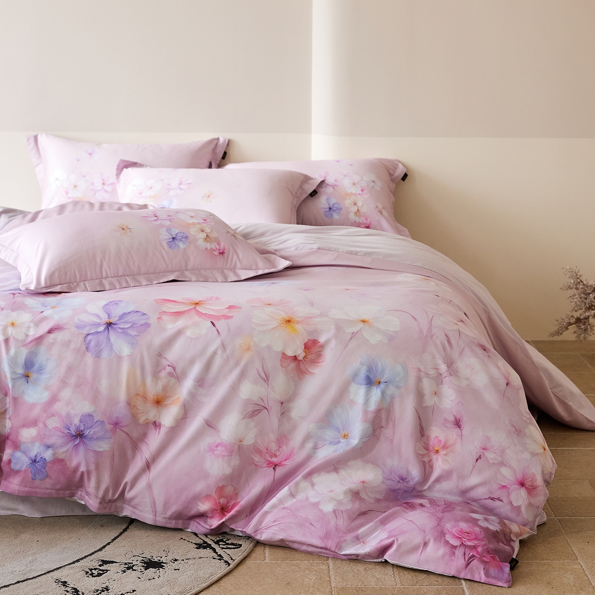 91家纺网 家纺一手货源 找家纺 梧桐树 2026新款60长绒棉平网大版系列四件套 PO5若溪粉