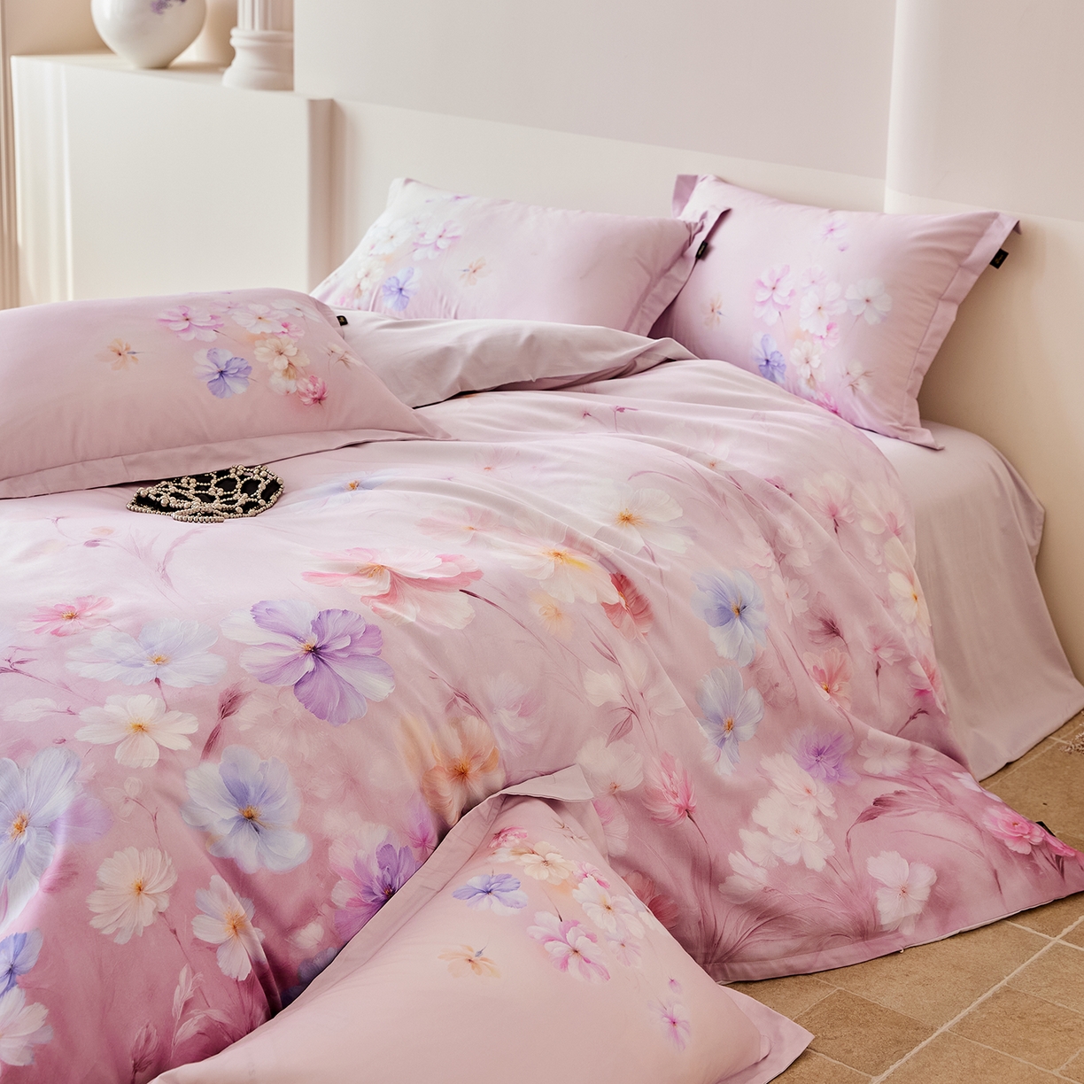 91家纺网 家纺一手货源 找家纺 梧桐树 2026新款60长绒棉平网大版系列四件套 PO5若溪粉