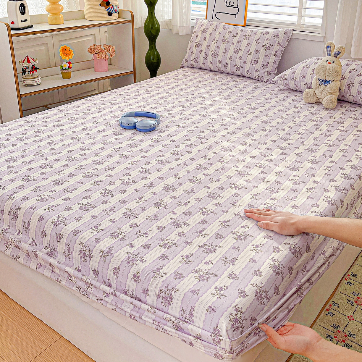 91家纺网 家纺一手货源 找家纺 仟人梦 2026新款云感双层纱印花单床笠床笠单件 半暖时光-紫