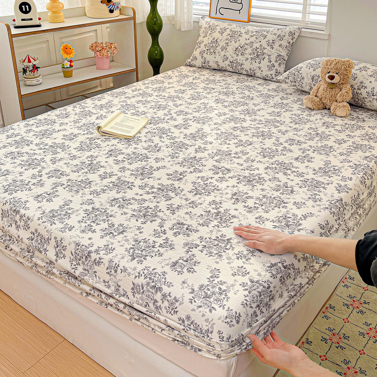 91家纺网 家纺一手货源 找家纺 仟人梦 2026新款云感双层纱印花单床笠床笠单件 蓝黛