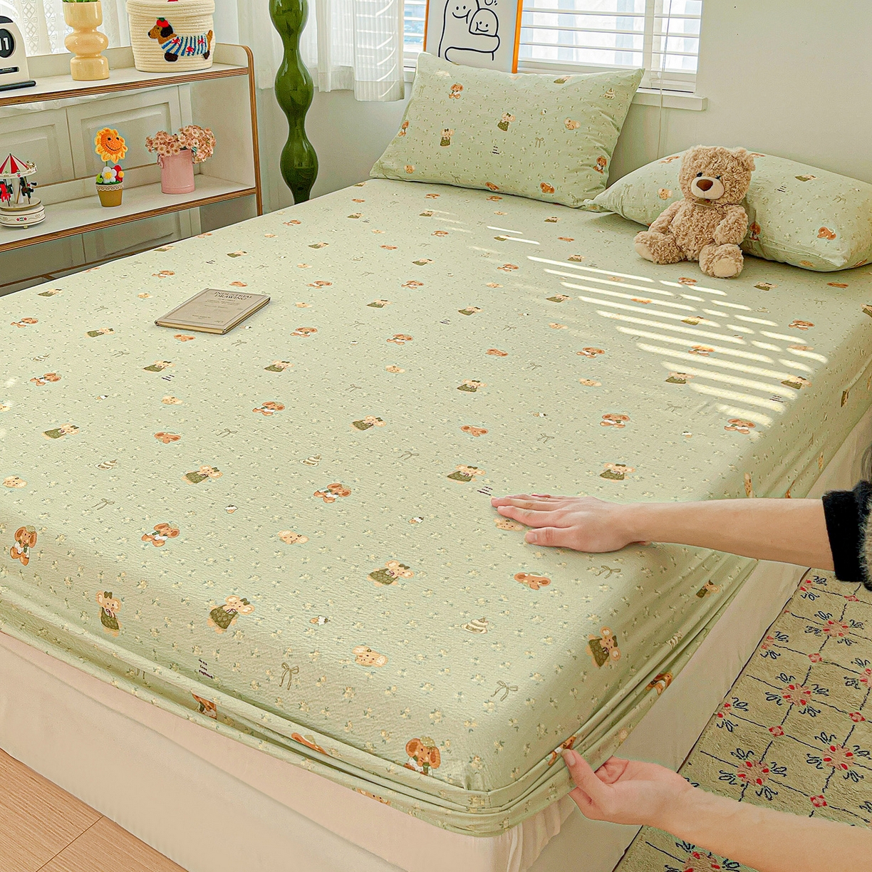 91家纺网 家纺一手货源 找家纺 仟人梦 2026新款云感双层纱印花单床笠床笠单件 绿色泡泡