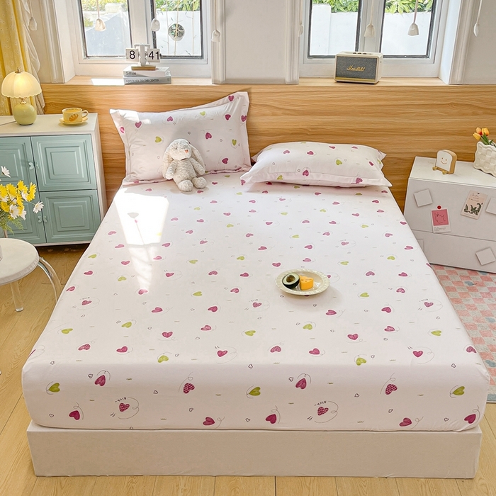 91家纺网 家纺一手货源 找家纺 默忆 2026新款针织双层纱印花糯小棉床笠 桃心粉