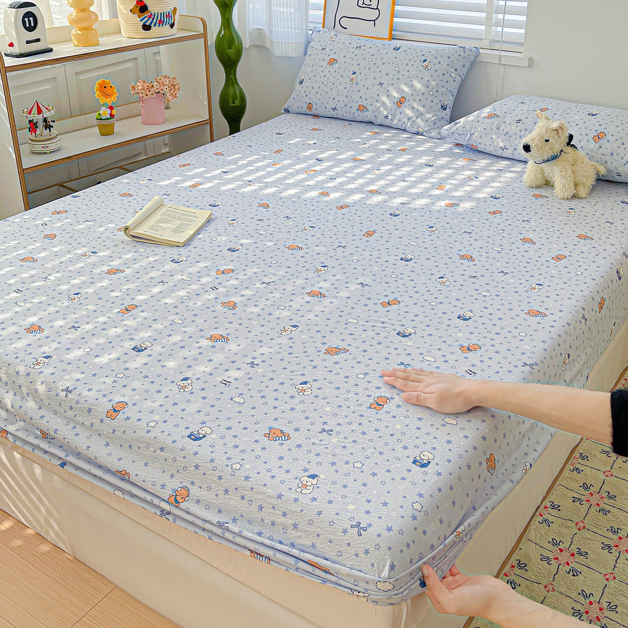 91家纺网 家纺一手货源 找家纺 仟人梦 2026新款云感双层纱印花单床笠床笠单件 淘气狗