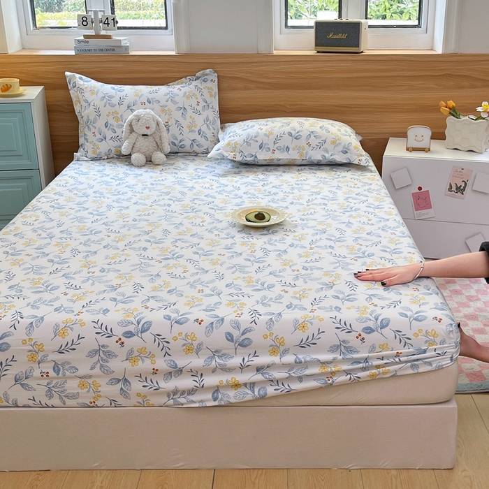 91家纺网 家纺一手货源 找家纺 默忆 2026新款针织双层纱印花糯小棉床笠 花枝招展