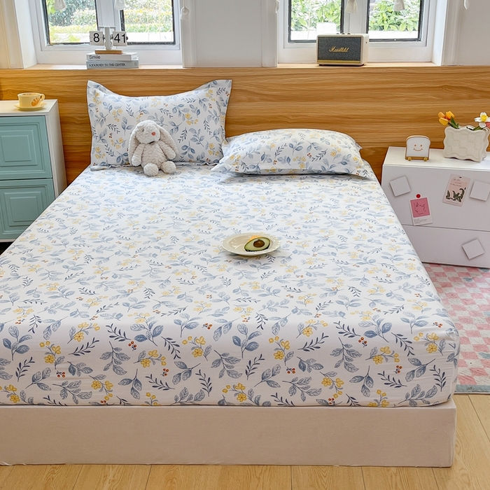 91家纺网 家纺一手货源 找家纺 默忆 2026新款针织双层纱印花糯小棉床笠 花枝招展