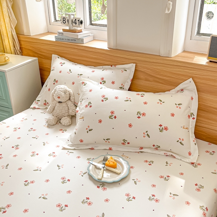 91家纺网 家纺一手货源 找家纺 默忆 2026新款针织双层纱印花糯小棉床笠 粉玫瑰