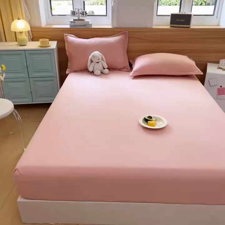 91家纺网 家纺一手货源 找家纺 默忆 2026新款针织双层纱印花糯小棉床笠 西瓜粉