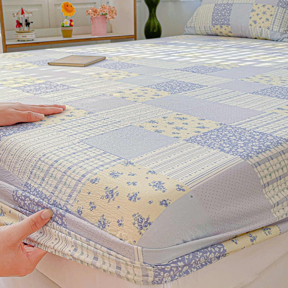 91家纺网 家纺一手货源 找家纺 仟人梦 2026新款云感双层纱印花单床笠床笠单件 半亩花田