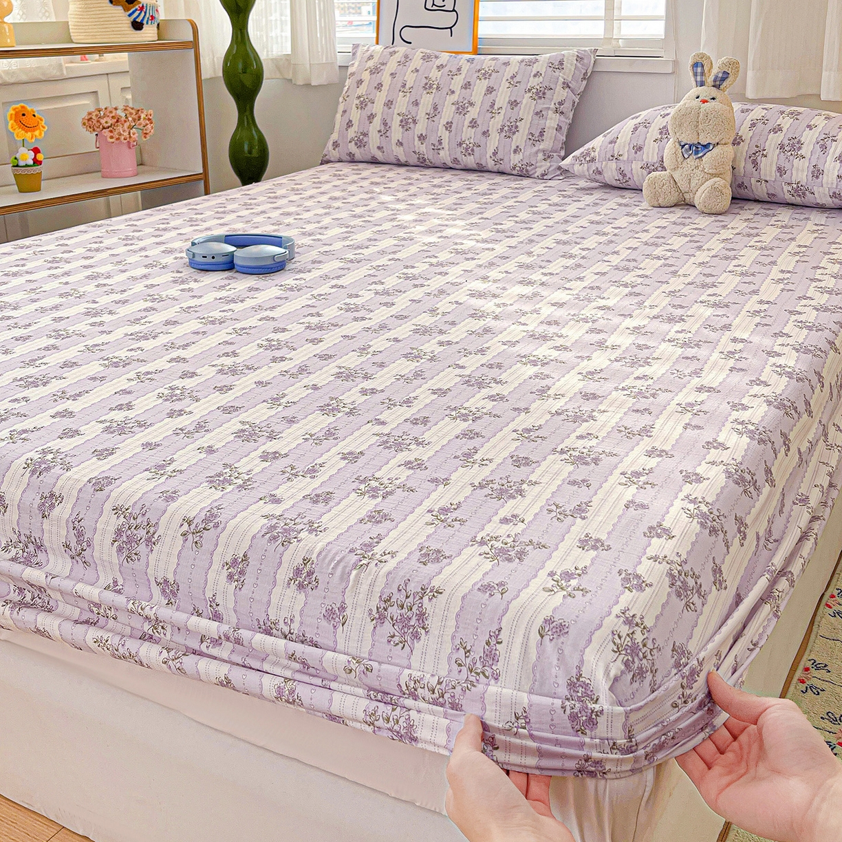 91家纺网 家纺一手货源 找家纺 仟人梦 2026新款云感双层纱印花单床笠床笠单件 半暖时光-紫